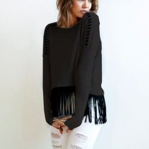 One Grey Day / Cashmere, Wool  Sweater with faux suede fringe in black / Size M